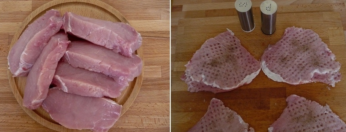 М'ясо нарізати поперек волокон на скибочки середньої товщини, відбити молотком для м'яса